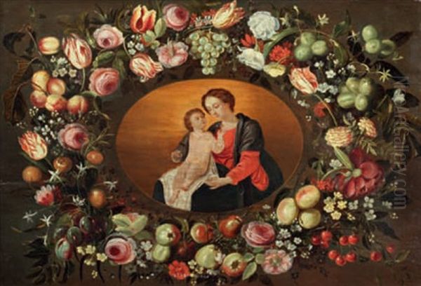 Vierge A L'enfant Entouree D'une Guirlande De Fleurs - view 1