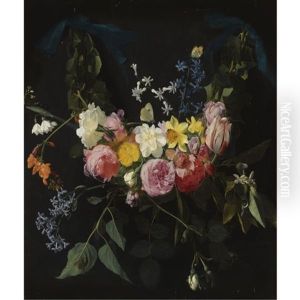 A Swag Of Flowers, Including A Provins Rose, An Austrian Briar, A White Rose, Incomparabilus Narcissus And A Hyacinth, Bound By Ivy And Suspended From Two Blue Silk Ribbons, With Butterflies And A Dragonfly