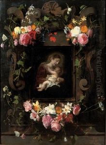 A Stone Cartouche Surrounded By Garlands Of Roses, Tulips, Narcissi And Other Flowers And Butterflies With The Madonna And Child (collab W/cornelis Schut) by Daniel Seghers