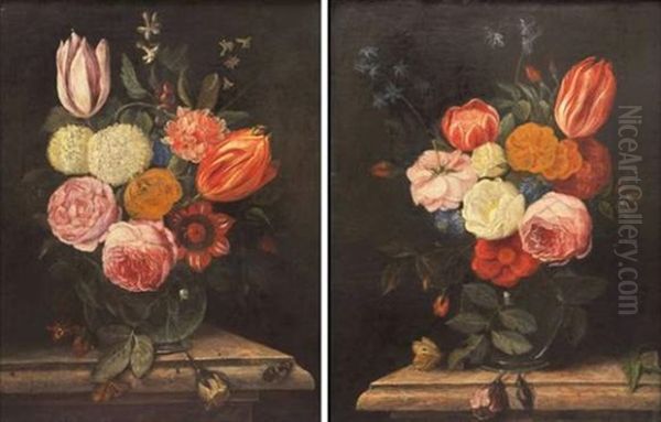 Vase De Fleurs Et Papillons Sur Un Entablement (pair) - view 1