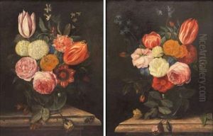 Vase De Fleurs Et Papillons Sur Un Entablement (pair) by Daniel Seghers