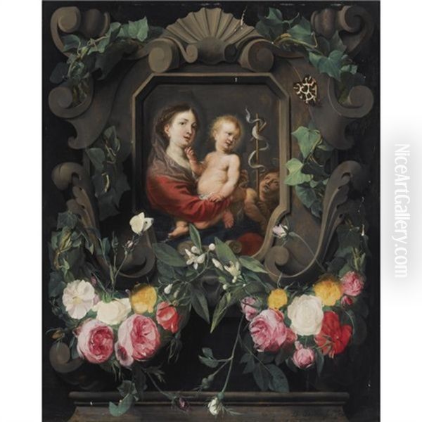 The Virgin And Child With The Infant Saint John, In A Stone Cartouche, Decorated With A Garland Of Roses, Snowdrops And Ivy, Together With Two Butterflies - view 1