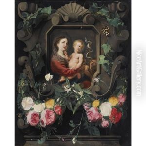 The Virgin And Child With The Infant Saint John, In A Stone Cartouche, Decorated With A Garland Of Roses, Snowdrops And Ivy, Together With Two Butterflies