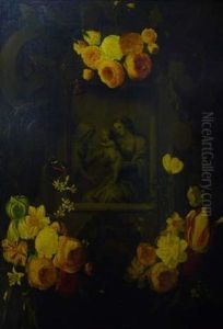 Guirlande De Fleurs Avec Dans Un Medaillon En Grisaille La Vierge A L'enfant Et Sainte Anne
