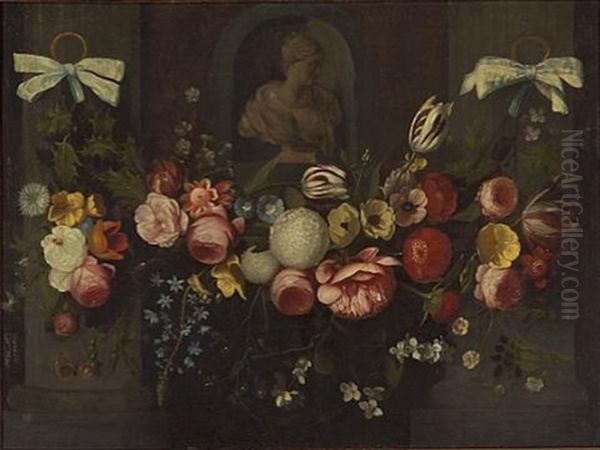 A Garland Of Holly, Tulips, Roses And Other Flowers Beneath A Sculptural Bust In A Niche - view 1