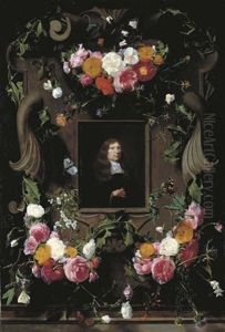 A Cartouche Surrounded By Garlands Of Roses, Thistle, Holly And Other Flowers And Butterflies With A Later Portrait Of A Gentleman, In A Black Cloak With A Lace Collar