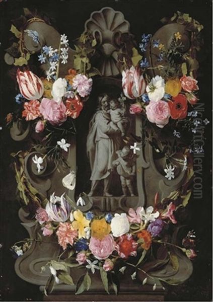 Saint Joseph And The Christ Child Within A Cartouche Decorated With Tulips, Roses, Forget-me-nots, Columbine And Other Flowers - view 1