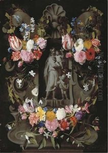 Saint Joseph And The Christ Child Within A Cartouche Decorated With Tulips, Roses, Forget-me-nots, Columbine And Other Flowers by Daniel Seghers
