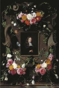A Cartouche Surrounded By Garlands Of Roses, Thistle, Holly And Other Flowers And Butterflies With A Later Portrait Of A Gentleman In A Black Cloak With A Lace Collar