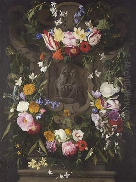 Roses, Narcissi, Tulips, Snowdrops, Morning Glory, Hyacinths, Jasmine And Other Flowers In A Garland Surrounding A Stone Cartouche With The Holy Family (collab. W/erasmus Quellinus) by Daniel Seghers