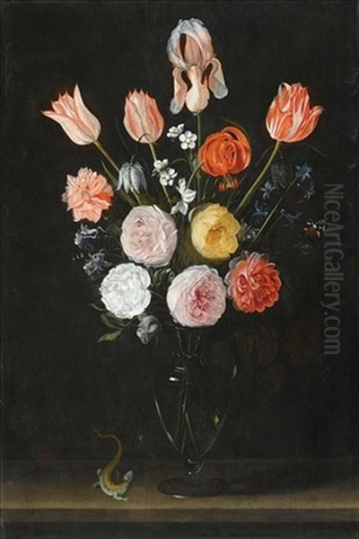 A Bouquet Of Flowers Including Tulips, Roses And Carnations, In A Glass Vase On A Stone Ledge With A Salamander - view 1