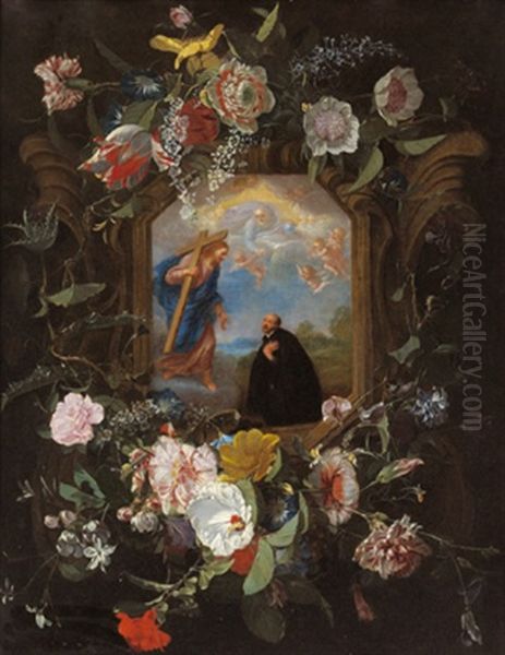 Eine Girlande Mit Rosen,tulpen, Nelken Und Anderen Bluten Um Eine Steinerne Kartusche Mit Der Vision Des Ignatius Von Loyola - view 1