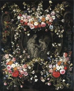 The Mystic Marriage Of Saint Catherine Within A Cartouche Surrounded By Garlands Of Narcissi, Peonies, Roses, Tulips, Columbine... The Mystic Marriage Of Saint Catherine Within A Cartouche Surrounded By Garlands Of Narcissi, Peonies, Roses, Tulips, Columbine...
