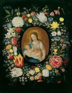 Ein Blumenkranz Um Eine Kartusche Mit Darstellung Von Madonna Und Kind