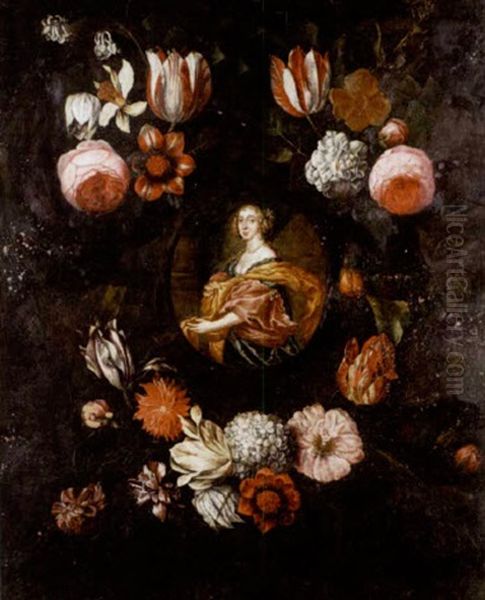 Portrait Of A Lady In A Blue Dress With Pink And Gold Wraps Surrounded By A Garland Of Flowers - view 1