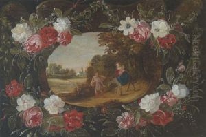 Kartusche Mit Religioser Szene In Blutenkranze - Flucht Nach Agypten by Daniel Seghers