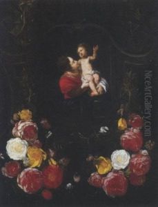 Madonna Con Bambino Entro Nicchia Di Pietra Con Ornamento A Voluta E Festone Di Fiori