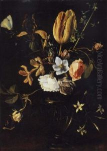Roses, An Iris, A Tulip, Jasmine And Other Flowers In A Venetian Vase On A Ledge With Butterflies Roses, An Iris, A Tulip, Jasmine And Other Flowers In A Venetian Vase On A Ledge With Butterflies