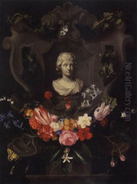 A Still Life With A Spray Of Flowers And A Cartouche Of A Child - view 1