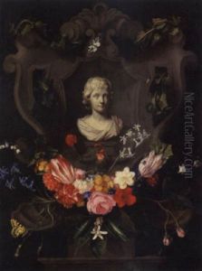 A Still Life With A Spray Of Flowers And A Cartouche Of A Child