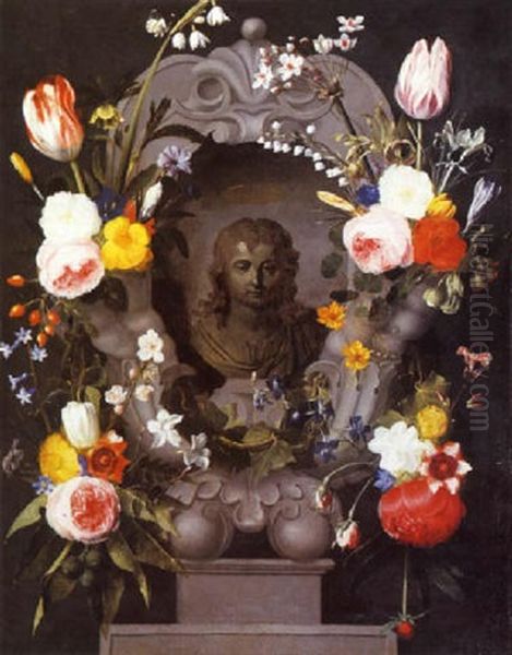 Couronne De Fleurs Entourant Un Cartouche Avec Un Buste D'enfant - view 1