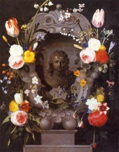 Couronne De Fleurs Entourant Un Cartouche Avec Un Buste D'enfant by Daniel Seghers