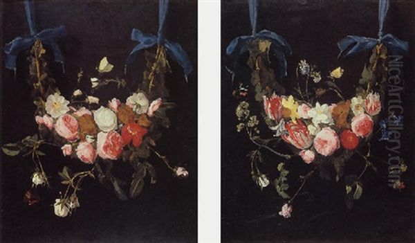 Wreath Of Roses, Tulips, Daffodils And Other Flowers Suspended From Blue Ribbons - view 1