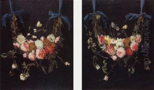 Wreath Of Roses, Tulips, Daffodils And Other Flowers Suspended From Blue Ribbons