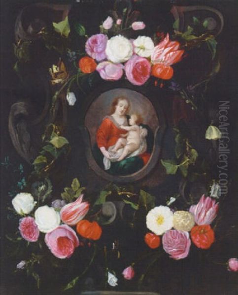 The Madonna And Child In A Feigned Cartouche, Surrounded By A Garland Of Flowers And Butterflies - view 1