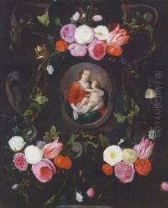 The Madonna And Child In A Feigned Cartouche, Surrounded By A Garland Of Flowers And Butterflies by Daniel Seghers