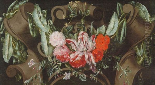 A Swag Of Roses, Carnations, Tulips And Other Flowers Adorning A Sculpted Urn - view 1