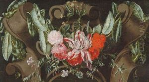 A Swag Of Roses, Carnations, Tulips And Other Flowers Adorning A Sculpted Urn