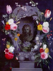 Couronne De Fleurs Entourant Un Cartouche Avec Un Buste De Jeune Homme