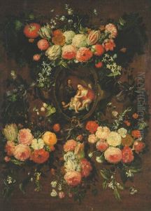 The Madonna And Child With The Infant St. John And Angels In A Stone Niche Surrounded By A Wreath Of Flowers