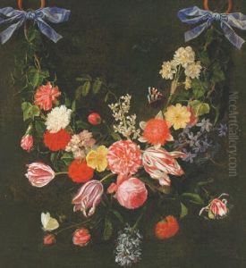 A Swag Of Ivy, Tulips, Roses And Other Flowers Tied With Blue Ribbons And Suspended From Rings, With Dragonflies And A Butterfly