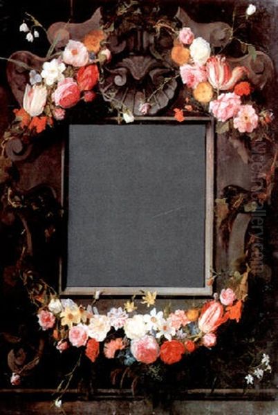A Stone Cartouche With A Wreath Of Flowers Surrounding A Mirror - view 1