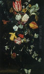 Bouquet De Tulipes, Iris Et Oeillets Dans Un Vase En Verre Sur Un Entablement Avec Un Papillon by Daniel Seghers