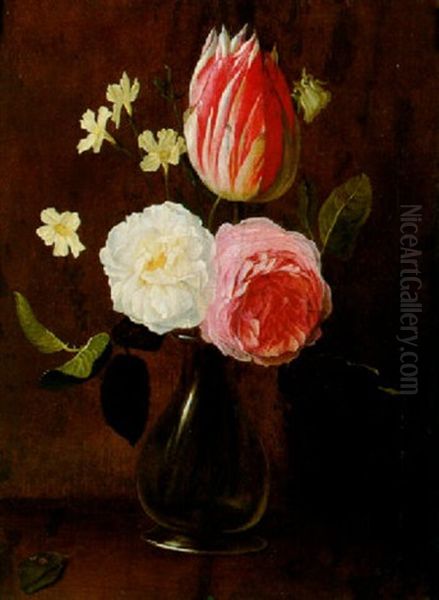 Roses, A Tulip And Stock In A Glass Vase On A Ledge - view 1