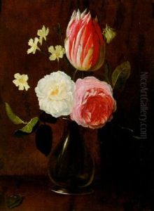 Roses, A Tulip And Stock In A Glass Vase On A Ledge