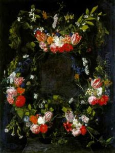 Swags Of Roses And Other Flowers Decorating A Feigned Stone Cartouche