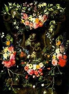 Guirnalda De Flores Con La Virgen, El Nino Y San Juanito
