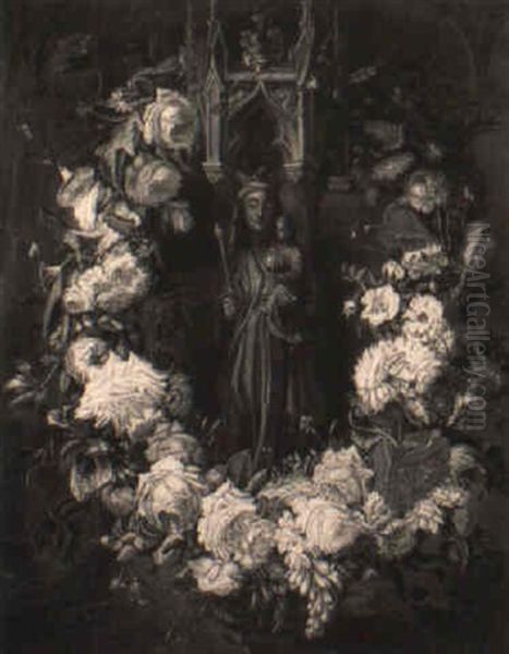 A Gothic Sculpture Of The Madonna And Child Within A Garland Of Flowers - view 1