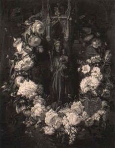 A Gothic Sculpture Of The Madonna And Child Within A Garland Of Flowers by Daniel Seghers