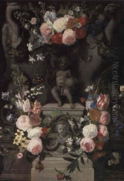 Swags Of Flowers Surrounding A Stone Cartouche Enclosing A Statue - view 1