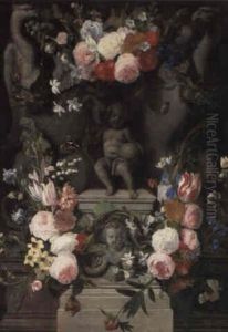 Swags Of Flowers Surrounding A Stone Cartouche Enclosing A Statue by Daniel Seghers