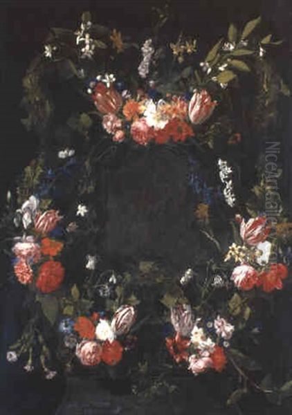 Swags Of Roses And Other Flowers On Feigned Stone Cartouche - view 1