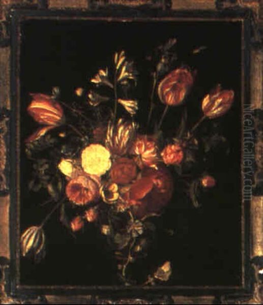 Still Life Of Flowers In A Glass Vase With Butterflies On A Ledge by Daniel Seghers