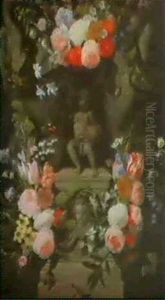 A Statue Of The Christ Child On A Pedestal Flanked By Eaglesand Decorated With Swags Of Flowers