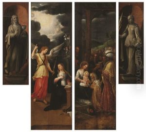 Paire De Panneaux De Retable Figurant D"un Cote L"annonciation (au Verso Saint-jean En Grisaille) Et L"adoration Des Mages (au Verso Sainte Catherine En Grisaille)