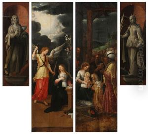 Un Cote L"annonciation (au Verso Saint-jean En Grisaille) Et L"adoration Des Mages (au Verso Sainte Catherine En Grisaille) (4 Works Recto/verso)